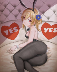 Rule 34 | absurdres, animal ears, ass, bed, black bow, black bowtie, black leotard, blonde hair, blue flower, bow, bowtie, commentary, detached collar, fake animal ears, flower, girls&#039; frontline, hair flower, hair ornament, highres, leotard, light leave, long hair, looking at viewer, nagant revolver (girls&#039; frontline), on bed, pantyhose, playboy bunny, rabbit ears, rabbit tail, red eyes, side ponytail, smile, tail, wrist cuffs, yes, yes-no pillow