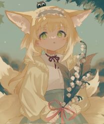 Rule 34 | 1girl, :o, animal ear fluff, animal ears, arknights, blonde hair, blue hairband, blue skirt, blue sky, brown jacket, commentary request, crossover, day, flower, fox ears, fox girl, fox tail, frilled hairband, frills, green eyes, hairband, heixiu, highres, holding, holding flower, jacket, kitsune, lily of the valley, long sleeves, neck ribbon, on head, open clothes, open jacket, outdoors, parted lips, puffy long sleeves, puffy sleeves, red ribbon, ribbon, shirt, skirt, sky, suzuran (arknights), suzuran (spring praise) (arknights), tail, luo xiaohei zhanji, tochi (tochitochi2523), white flower, white shirt