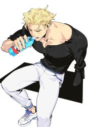 Rule 34 | 1boy, bara, blonde hair, bottle, closed eyes, highres, kray foresight, large pectorals, male focus, muscular, muscular male, pants, pectorals, promare, shirt, shoes, solo, sweat, tight clothes, water bottle, white-corner