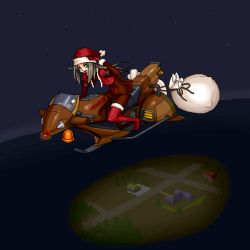 Rule 34 | 1girl, blonde hair, bobblehat, building, carriage, christmas, dark, dress, full body, hat, house, long hair, long sleeves, looking at viewer, original, red dress, red hat, red thighhighs, sack, santa costume, santa hat, sitting, solo, star (sky), thighhighs, town, zettai ryouiki