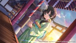 Rule 34 | 1girl, artist request, assault lily, black hair, flower, green eyes, green kimono, hair flower, hair ornament, highres, japanese clothes, kimono, light smile, own hands clasped, tagme, torii, wang yujia