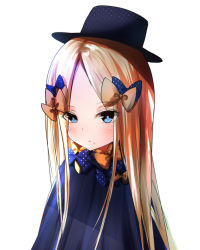 Rule 34 | 1girl, abigail williams (fate), black dress, black hat, blonde hair, blue bow, blue eyes, blush, bow, closed mouth, dress, fate/grand order, fate (series), forehead, hair bow, hat, long hair, long sleeves, looking at viewer, orange bow, parted bangs, polka dot, polka dot bow, sakazakinchan, simple background, solo, upper body, very long hair, white background