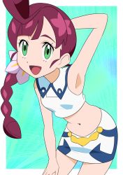 Rule 34 | 1girl, :d, adapted costume, arm behind head, armpits, bare arms, braid, braided ponytail, breasts, chloe (pokemon), collared shirt, commentary request, creatures (company), cropped shirt, eyelashes, game freak, green eyes, hainchu, highres, leaning forward, long hair, nintendo, open mouth, pokemon, pokemon (anime), pokemon journeys, shirt, skirt, sleeveless, sleeveless shirt, smile, solo, tongue, white shirt, white skirt
