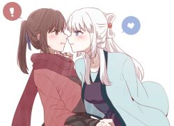 Rule 34 | !, 2girls, bai yuxiu, blue eyes, blue ribbon, blush, book, brown eyes, brown hair, chinese clothes, collarbone, dress, duijin ruqun, feng ling&#039;er, fengling yuxiu, from side, hair ornament, hair ribbon, hand on another&#039;s chin, hanfu, heart, long hair, multiple girls, open mouth, ponytail, red scarf, ribbon, scarf, shane-f, simple background, spoken exclamation mark, spoken heart, white background, white hair