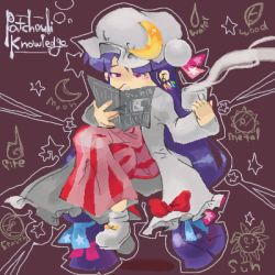 Rule 34 | 1girl, book, character name, crescent, cup, female focus, full body, hat, holding, holding book, long hair, long sleeves, lowres, mob cap, open book, patchouli knowledge, purple hair, reading, red eyes, sitting, socks, solo, sonoreto, steam, tea, teacup, touhou, very long hair, white socks