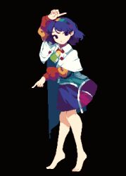 Rule 34 | 1girl, 4qw5, barefoot, black background, blue eyes, blue hair, cape, dress, expressionless, full body, hairband, highres, long sleeves, looking at viewer, medium hair, multicolored clothes, multicolored dress, multicolored hairband, no shoes, patchwork clothes, pixel art, pointing, pointing down, pointing up, rainbow order, simple background, solo, standing, swept bangs, tenkyuu chimata, tiptoes, touhou, white cape, zipper, zipper pull tab