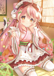 Rule 34 | 1girl, absurdres, ahoge, blush, bow, breasts, bridal garter, brown eyes, cat tail, closed mouth, commentary request, curled fingers, day, floral print, food print, frilled skirt, frilled sleeves, frills, gradient eyes, green bow, hair between eyes, hair bow, hand on own cheek, hand on own face, hands up, highres, indoors, japanese clothes, kemamire, kimono, kimono skirt, layered skirt, lens flare, long hair, long sleeves, looking at viewer, maid, maid headdress, multicolored eyes, multicolored hair, no shoes, obi, on floor, original, paw-shaped pupils, pink bow, pink hair, pink kimono, print kimono, red bow, sash, sitting, skirt, small breasts, smile, solo, streaked hair, symbol-shaped pupils, tail, tareme, thighhighs, wa maid, wariza, white thighhighs, wide sleeves, window, zettai ryouiki