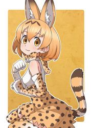 Rule 34 | 10s, 1girl, :3, animal ears, blush, border, bow, bowtie, breasts, brown eyes, clenched hands, eyelashes, from side, gazacy (dai), high-waist skirt, highres, kemono friends, looking at viewer, medium breasts, orange background, orange hair, outline, outside border, paw pose, rounded corners, sanpaku, serval (kemono friends), serval print, serval tail, shiny skin, shirt, sitting, skirt, sleeveless, sleeveless shirt, smile, solo, striped tail, tail, tareme, thighhighs, wariza, white border, white outline, white shirt, zettai ryouiki