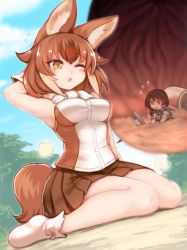 Rule 34 | 2girls, animal ear fluff, animal ears, arm behind head, bare arms, blush, breasts, brown eyes, brown hair, brown skirt, day, dhole (kemono friends), gloves, hat, inside creature, kemono friends, kemono friends 3, medium breasts, multiple girls, one eye closed, open mouth, outdoors, pleated skirt, red eyes, size difference, skirt, stomach, stomach (organ), tail, utopia, vore, white footwear