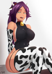 Rule 34 | 1girl, absurdres, animal print, bell, bleach, breasts, castell, cow girl, cow print, cowbell, curvy, dark-skinned female, dark skin, highres, horns, large breasts, leotard, long hair, neck bell, open mouth, ponytail, purple hair, shihouin yoruichi, sitting, skin tight, smile, solo, tagme, thick thighs, thighhighs, thighs, yellow eyes