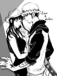Rule 34 | 1boy, 1girl, arm tattoo, breasts, character name, closed mouth, cowboy hat, earrings, facial hair, fur hat, goatee, hand tattoo, hat, hetero, highres, holding, holding sword, holding weapon, hood, hoodie, jewelry, medium breasts, medium hair, monochrome, nico robin, one piece, parted lips, short hair, sword, tattoo, trafalgar law, weapon, zxhcarat
