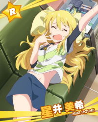 Rule 34 | 10s, 1girl, ahoge, blonde hair, character name, couch, green eyes, green upholstery, hoshii miki, idolmaster, idolmaster (classic), idolmaster million live!, jewelry, long hair, looking at viewer, navel, necklace, official art, shirt, skirt, stretching, striped clothes, striped shirt, yawning