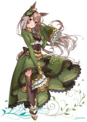 Rule 34 | 1girl, :o, absurdres, animal ears, ankle boots, ascot, black thighhighs, blush, boots, bow skirt, braid, brown ascot, brown eyes, brown hair, commentary, corset, cropped jacket, ear ornament, french braid, frilled footwear, frilled shirt, frilled sleeves, frills, full body, green jacket, green skirt, half updo, head tilt, high-low skirt, highres, horse ears, horse girl, horse tail, jacket, long hair, long skirt, long sleeves, looking at viewer, multicolored hair, sagoromo 04, satono diamond (umamusume), shirt, skirt, sleeves past fingers, sleeves past wrists, solo, streaked hair, tail, thighhighs, umamusume, underbust, white footwear, white shirt