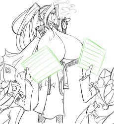 Rule 34 | 1girl, 2boys, alternate breast size, amputee, bag on head, bag over head, baiken, breasts, breasts out, censored, cleavage, clone, faust (guilty gear), gigantic breasts, guilty gear, highres, huge breasts, japanese clothes, matsu-sensei, monochrome, multiple boys, novelty censor, ponytail, scar, simple background, smoking, smoking pipe, white background