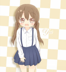 Rule 34 | 1girl, 22m, blue skirt, blush, brown eyes, brown hair, character name, character request, copyright request, english text, female focus, heart, heart-shaped pupils, long sleeves, looking at viewer, matching hair/eyes, open mouth, pleated skirt, shirt, simple background, skirt, smile, solo, standing, suspenders, symbol-shaped pupils, text focus, twintails, two-tone background, white shirt, yellow background