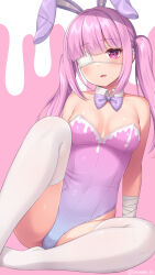 Rule 34 | 1girl, animal ears, bandaged arm, bandages, blue leotard, blush, bow, bowtie, breasts, cleavage, detached collar, earrings, eyepatch, gradient leotard, heart, heart-shaped pupils, heart earrings, highres, jewelry, leotard, looking at viewer, medical eyepatch, medium breasts, no shoes, open mouth, original, pink background, pink eyes, pink hair, pink leotard, playboy bunny, purple bow, purple bowtie, rabbit ears, sasaame, signature, sitting, solo, stitches, symbol-shaped pupils, thighhighs, twitter username, white thighhighs