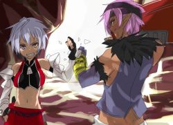 Rule 34 | blue eyes, crop top, fist bump, gauntlets, gloves, grin, hati (shirow), heterochromia, light purple hair, looking at viewer, looking back, midriff, mouth hold, navel, original, pointy ears, purple hair, red eyes, shirow (crazy), short hair, sleeveless, smile, yellow eyes
