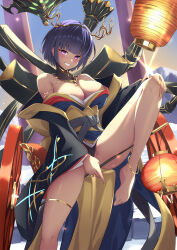 Rule 34 | 1girl, absurdres, armlet, bare shoulders, barefoot, black panties, blue hair, blush, breasts, character request, check character, cleavage, cocoablue23, dark skin, detached collar, echocalypse, egyptian, highres, horns, japanese clothes, kimono, lantern, large breasts, leg up, nephthys (p&amp;d), obi, panties, paper lantern, purple eyes, sash, short hair, smile, solo, tan, underwear, wide sleeves