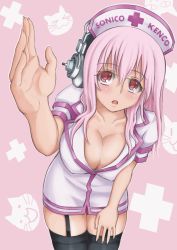 Rule 34 | 1girl, blush, breasts, cleavage, deni m, garter straps, hat, headphones, highres, large breasts, leaning forward, long hair, looking at viewer, nitroplus, nurse, nurse cap, open mouth, pink eyes, pink hair, red eyes, solo, super sonico, thighhighs