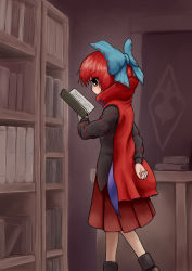 Rule 34 | 1girl, ankle boots, arm behind back, blouse, book, bookshelf, boots, bow, cape, hair bow, indoors, kokomo1911, long sleeves, open book, reading, red eyes, red hair, sekibanki, shirt, short hair, skirt, solo, standing, table, touhou