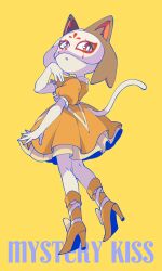 Rule 34 | 1girl, :o, boots, bow, brown fur, calico, cat girl, dress, english text, frilled dress, frilled sleeves, frills, full body, furry, furry female, hand on own chin, high heel boots, high heels, highres, ichimura shiho, odd taxi, omochiutyu, orange dress, orange eyes, orange footwear, puffy short sleeves, puffy sleeves, short sleeves, solo, two-tone fur, white fur, yellow background, yellow bow