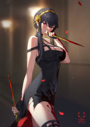 Rule 34 | 1girl, arm behind back, artist logo, artist name, bare shoulders, black dress, black gloves, black hair, black thighhighs, blood, blood on arm, blood on breasts, blood on clothes, blood on face, blood on hands, blood on leg, bloody weapon, blurry, blurry background, blush, breasts, covered navel, cowboy shot, dagger, dress, dual wielding, earrings, falling petals, fingerless gloves, flower, from side, gloves, gold earrings, gold hairband, hair flower, hair ornament, hairband, hand to own mouth, hand up, highres, holding, holding dagger, holding knife, holding weapon, jewelry, knife, large breasts, nail polish, off-shoulder dress, off shoulder, petals, red eyes, red nails, reverse grip, rose, shadow cat (yingmiao), solo, spikes, spy x family, taut clothes, taut dress, thighhighs, torn clothes, torn dress, two-sided dress, two-sided fabric, weapon, yor briar