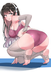 Rule 34 | 1girl, absurdres, alternate costume, ass, black hair, breasts, colored inner hair, commentary request, detached sleeves, fingerless gloves, full body, gloves, grey sleeves, grey thighhighs, hairband, highres, kantai collection, large breasts, long hair, looking back, multicolored hair, naganami (kancolle), on one knee, osananajimi neko, panties, parted lips, pink hair, pink nails, pink panties, pink sports bra, sideboob, simple background, sleeves past wrists, smile, soles, solo, sports bra, stirrup legwear, thighhighs, tiptoes, toeless legwear, toes, two-tone hair, underwear, white background, white hairband, yellow eyes