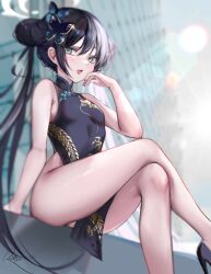 Rule 34 | 1girl, absurdres, bare arms, bare legs, black dress, black footwear, black hair, blue archive, blurry, blurry background, blush, breasts, butterfly hair ornament, china dress, chinese clothes, crossed legs, doyagao, dress, green eyes, hair bun, hair ornament, high heels, highres, kisaki (blue archive), long hair, looking at viewer, open mouth, outdoors, rosebell, sitting, small breasts, smug, solo, thighs, twintails, very long hair