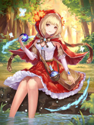 Rule 34 | 1girl, armpit crease, bag, blonde hair, blue gemstone, blunt bangs, bracelet, breasts, brooch, bug, bush, butterfly, cape, cleavage, crystal ball, day, detached sleeves, dew (7302235), flask, flower, forest, frilled skirt, frills, gem, hair flower, hair ornament, head tilt, highres, hood, hooded cape, impossible clothes, impossible shirt, insect, jewelry, light particles, looking at viewer, medium breasts, nature, open mouth, original, outdoors, parted lips, petticoat, red cape, red eyes, red hood, red skirt, round-bottom flask, satchel, shirt, short hair, sitting, skirt, sleeveless, sleeveless shirt, soaking feet, solo, sunlight, teeth, upper teeth only, water, white shirt