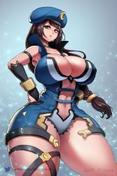 Rule 34 | 1girl, absurdres, artist name, beret, bracelet, breasts, bridal gauntlets, brown hair, c-sha, cleavage, collarbone, curvy, gadthegod, green eyes, hand on own hip, hat, highres, jewelry, large breasts, long hair, narrow waist, navel, neptune (series), solo, stomach, thick thighs, thighs, wide hips
