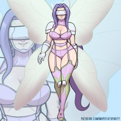 Rule 34 | 1girl, alternate breast size, ankle wings, armor, boots, breasts, cleavage, commentary, contrapposto, covered eyes, digimon, digimon (creature), digimon frontier, english commentary, fairimon, fairy wings, full body, garter straps, gauntlets, hair intakes, hairband, highres, large breasts, long hair, mr potatoes, navel, pauldrons, pink footwear, pink garter belt, pink garter straps, pink shorts, purple hair, revealing clothes, short shorts, shorts, shoulder armor, sidelocks, solo, thigh boots, thighhighs, very long hair, walking, wings, zoom layer