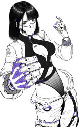 Rule 34 | 1girl, armor, arms up, barcode, barcode tattoo, belt, black belt, black hair, black leotard, bob cut, bodysuit, breasts, chest tattoo, clenched hands, collar, collarbone, cowboy shot, cyborg, detached sleeves, facial mark, formal, full body, gloves, greyscale, groin, hair between eyes, hair ornament, hairpin, hancho xo, highleg, highleg leotard, highres, hip bones, jacket, japanese armor, leaning, leaning back, leaning to the side, leotard, leotard under clothes, looking at viewer, mask, masked, mecha, mechanical, mechanical arms, mechanical fists, mechanical hands, mechanical parts, medium breasts, medium hair, menpoo, midriff, monochrome, original, patterned clothing, robot, science fiction, short hair, simple background, solo, standing, strap, suit, swimsuit, swimsuit under clothes, tattoo, thighs, vest, weapon, white background, zipper