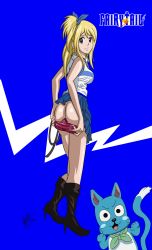 Rule 34 | 1girl, ass, blonde hair, fairy tail, happy (fairy tail), highres, looking at viewer, lucy heartfilia, skirt, smile, tagme
