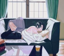 Rule 34 | 1boy, bare shoulders, black eyes, black hair, chrollo lucilfer, couch, cup, facial mark, forehead mark, hair down, highres, hunter x hunter, indoors, male focus, miko hxh, hugging object, partially undressed, pillow, pillow hug, solo