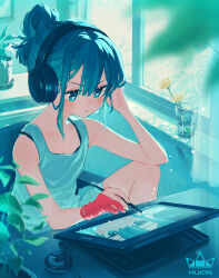 Rule 34 | 1girl, absurdres, artist glove, blue eyes, blue hair, bra strap, cable, chair, commentary request, cup, day, drawing (object), drawing tablet, dress, drinking glass, flower, gloves, hair between eyes, hair bun, hair rings, headphones, highres, holding, holding stylus, huion, indoors, light blush, light particles, logo, long hair, original, parted lips, partially fingerless gloves, plant, potted plant, red gloves, shirane rine, sidelocks, single glove, single hair bun, sitting, sleeveless, sleeveless dress, solo, stylus, table, window