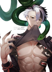 Rule 34 | 1boy, abs, absurdres, alternate costume, alternate hair length, alternate hairstyle, animal, artist name, ashiya douman (fate), text background, biting, biting clothes, black eyes, black hair, black shirt, clothes lift, commentary, earrings, eyeshadow, fang, fate/grand order, fate (series), green eyeshadow, highres, instagram username, jewelry, long sleeves, looking at viewer, magatama, magatama earrings, makeup, male focus, multicolored hair, muscular, muscular male, nipples, pectoral cleavage, pectorals, shei99, shirt, shirt lift, short hair, simple background, smile, snake, solo, twitter username, two-tone hair, underpec, very long fingernails, white background, white hair