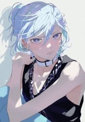 Rule 34 | 1boy, bad id, bad twitter id, black tank top, blue hair, chain, chain necklace, collar, frown, jewelry, looking at viewer, male focus, multicolored hair, necklace, pants, paradox live, purple eyes, purple hair, solo, tank top, ugonba (howatoro), white background, yatonokami kanata