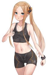 Rule 34 | 1girl, abigail williams (fate), absurdres, bare shoulders, black bow, black shirt, black shorts, blonde hair, blue eyes, blush, bow, breasts, fate/grand order, fate (series), forehead, gym uniform, highres, kopaka (karda nui), long hair, looking at viewer, multiple bows, navel, open mouth, orange bow, parted bangs, shirt, shorts, small breasts, solo, sports bra, sweat, thigh gap, very long hair