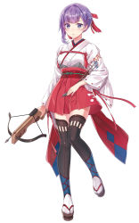 Rule 34 | 1girl, absurdres, arrow (projectile), artist request, blue eyes, blush, bow (weapon), braid, crossbow, french braid, full body, hair ribbon, hakama, hakama short skirt, hakama skirt, highres, holding, holding bow (weapon), holding crossbow, holding weapon, japanese clothes, long sleeves, miko, miyao jou, parted lips, personification, purple hair, ribbon, shirohime quest, simple background, skirt, solo, tabi, thighhighs, weapon, white background, wide sleeves