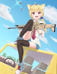 Rule 34 | 1girl, ahoge, aircraft, airplane, animal ears, assault rifle, bad id, bad pixiv id, black thighhighs, blue eyes, blue footwear, blue shorts, blue sky, car, car interior, cat ears, cloud, cloudy sky, collared shirt, commentary request, day, dress shirt, dropping, fang, flying, fn scar, glint, gun, hair ornament, hair scrunchie, holding, holding weapon, k mugura, knee up, long hair, looking at viewer, low twintails, military, military vehicle, motor vehicle, necktie, on vehicle, open mouth, original, outdoors, playerunknown&#039;s battlegrounds, red eyes, red necktie, rifle, scrunchie, shirt, shoelaces, short shorts, shorts, sitting, sky, solo, steering wheel, thighhighs, tree, trigger discipline, twintails, weapon, white shirt