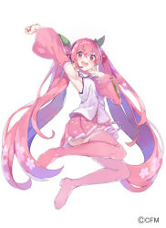 Rule 34 | 1girl, arm up, armpits, blouse, boots, cherry, cherry hair ornament, collared shirt, detached sleeves, food, food-themed hair ornament, fruit, hair ornament, hand to own mouth, hatsune miku, jumping, legs up, long hair, miniskirt, necktie, open mouth, pink eyes, pink footwear, pink necktie, pink skirt, pink sleeves, pink theme, sakura miku, shirt, simple background, skirt, sleeveless, sleeveless shirt, smile, solo, thigh boots, thighhighs, very long hair, vocaloid, watermark, white background, white shirt, yasumo (kuusouorbital)
