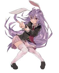 Rule 34 | 1girl, animal ears, asuzemu, bad id, bad twitter id, black footwear, black shirt, blazer, carrot, finger gun, full body, jacket, light purple hair, long hair, long sleeves, miniskirt, necktie, open mouth, over-kneehighs, pink skirt, pink thighhighs, purple eyes, purple hair, rabbit ears, red necktie, reisen udongein inaba, shirt, shoes, simple background, skirt, solo, standing, thighhighs, touhou, white background, wing collar, zettai ryouiki