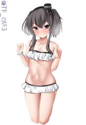 Rule 34 | 1girl, alternate costume, bikini, black hair, blush, brown eyes, commentary request, cowboy shot, frills, gradient hair, grey hair, hairband, hat, highres, kantai collection, looking at viewer, multicolored hair, one-hour drawing challenge, short hair, short hair with long locks, smile, solo, swimsuit, tf cafe, tokitsukaze (kancolle), twitter username, white background, white bikini