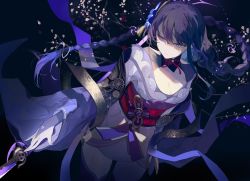Rule 34 | 1girl, black background, braid, branch, breasts, bridal gauntlets, cleavage, closed mouth, dutch angle, falling petals, floral print, flower, genshin impact, hair ornament, highres, japanese clothes, kimono, large breasts, long hair, mamaladecat, mole, mole under eye, naginata, obi, obiage, obijime, petals, polearm, purple eyes, purple flower, purple hair, raiden shogun, ribbon, sash, simple background, solo, tassel, thighhighs, weapon, wide sleeves
