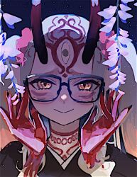 Rule 34 | 1girl, adjusting eyewear, bespectacled, black kimono, blonde hair, close-up, facial mark, fate/grand order, fate (series), fingernails, flower, forehead mark, glasses, horns, ibaraki douji (dress for demons) (fate), ibaraki douji (fate), isagiyo, japanese clothes, kimono, long hair, looking at viewer, night, oni, oni horns, sharp fingernails, sky, smile, solo, star (sky), starry sky, straight-on, twintails, yellow eyes