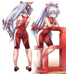 Rule 34 | 1girl, adapted costume, bike shorts, blush, bow, chest sarashi, closed mouth, commentary request, crossed arms, fujiwara no mokou, grey hair, hair bow, long hair, looking at viewer, multiple views, ponytail, red eyes, red footwear, sarashi, shimizu pem, touhou, v-shaped eyebrows, very long hair