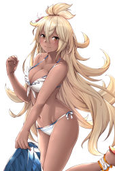 Rule 34 | 1girl, ankle ribbon, ayase tamaki, bare arms, bare shoulders, bikini, blonde hair, blue skirt, blush, closed mouth, collarbone, dark-skinned female, dark skin, flower, from side, front-tie bikini top, front-tie top, granblue fantasy, groin, hair between eyes, hair flower, hair ornament, hand up, highres, holding, holding clothes, holding skirt, leg ribbon, leg up, long hair, looking at viewer, looking to the side, navel, ribbon, side-tie bikini bottom, skirt, unworn skirt, smile, solo, standing, standing on one leg, swimsuit, thighs, topknot, very long hair, white bikini, white ribbon, zooey (granblue fantasy), zooey (summer) (granblue fantasy)