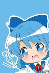 Rule 34 | 1girl, ahoge, bad id, bad pixiv id, berry jou, blue eyes, blue hair, blush, bow, chibi, cirno, fang, hair bow, highres, matching hair/eyes, open mouth, short hair, simple background, solo, touhou, wings