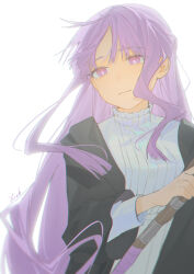 Rule 34 | 1girl, absurdres, artist name, black robe, bright pupils, closed mouth, commentary request, dress, expressionless, fern (sousou no frieren), frilled dress, frills, highres, holding, holding staff, long hair, long sleeves, mage staff, open clothes, open robe, purple eyes, purple hair, robe, solo, sousou no frieren, staff, upper body, very long hair, white dress, yonab