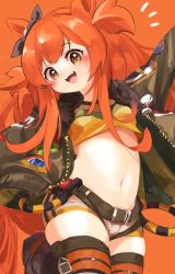 Rule 34 | 1girl, absurdres, animal ears, belly, belt, blush, commentary request, highres, horse ears, horse girl, jacket, long hair, looking at viewer, mayano top gun (umamusume), navel, open mouth, orange background, otoma (matoi0603), outstretched arms, shorts, simple background, solo, spread arms, thighhighs, umamusume, yellow eyes